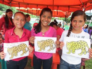 Children colored jaguars after learning about the species in our second Festival for the Conservation of Indio-Maíz in Maravilla, Nicaragua. (Photo courtesy of Fundación del Río)